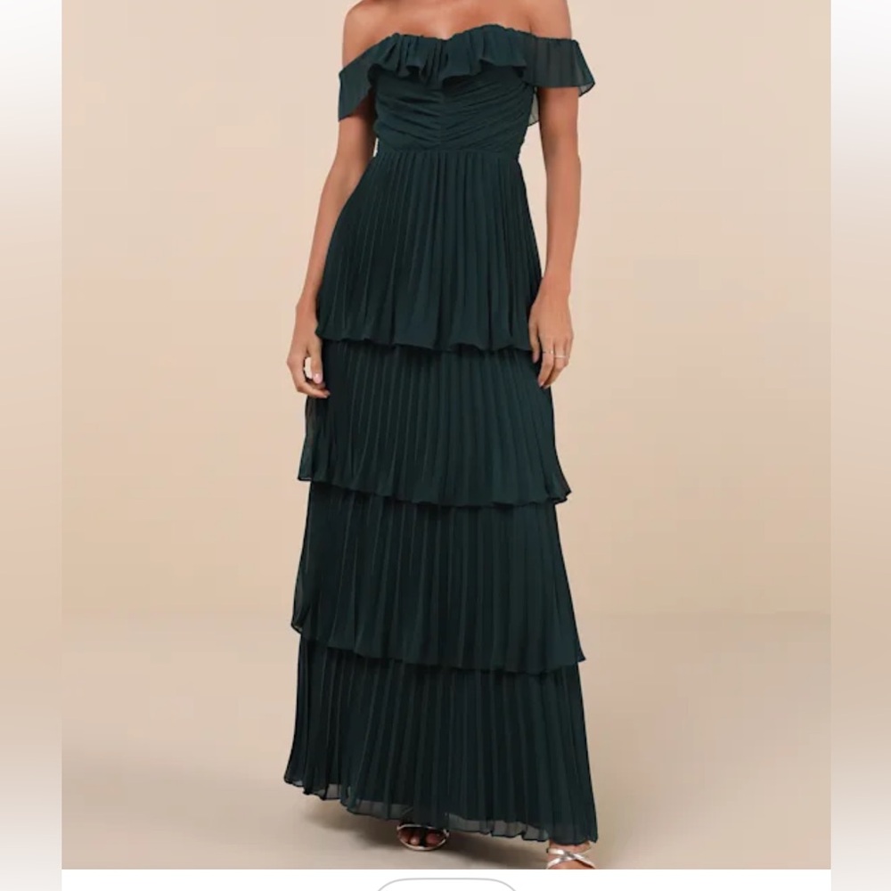 Lulus Always Remarkable Emerald Pleated Off-the-Shoulder Maxi Dress Size XS New